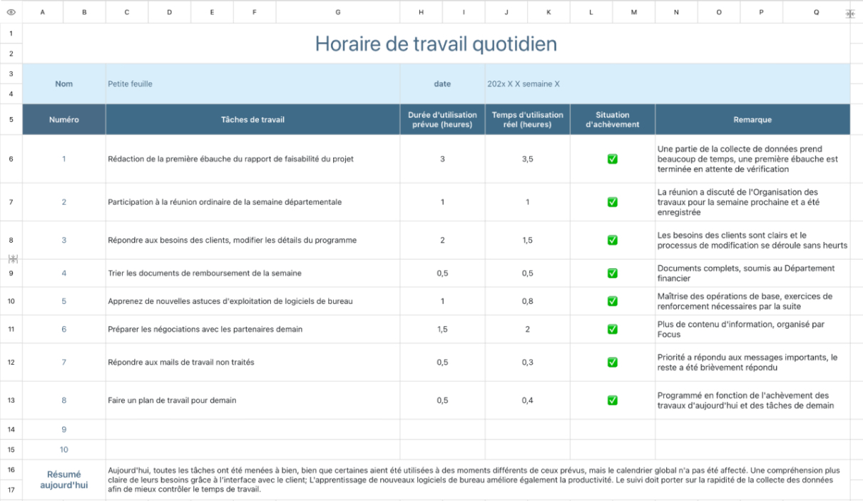 Horaire de travail quotidien